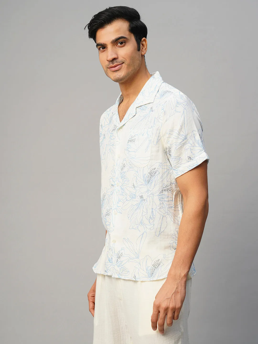 Men's Blue Cotton Loose Fit Printed Shirt