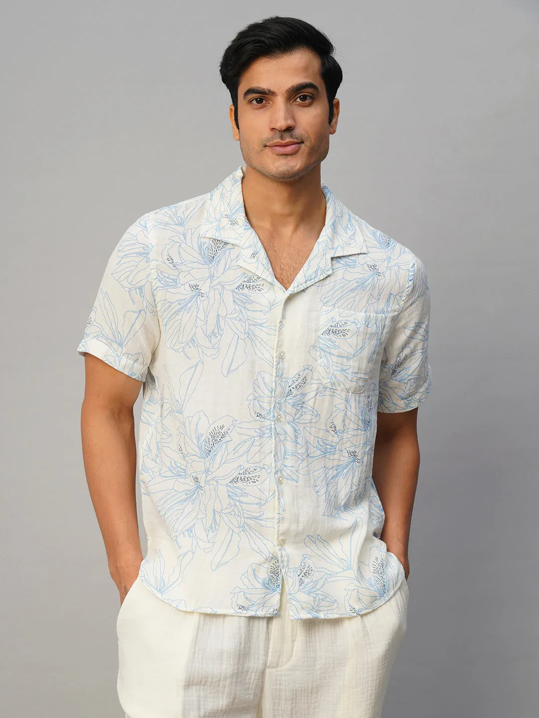 Men's Blue Cotton Loose Fit Printed Shirt