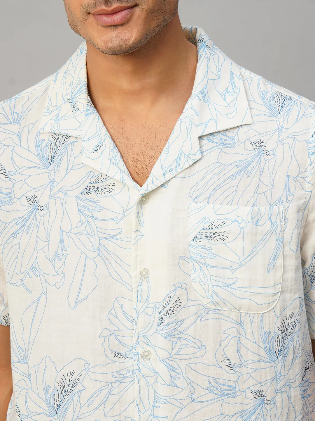 Men's Blue Cotton Loose Fit Printed Shirt