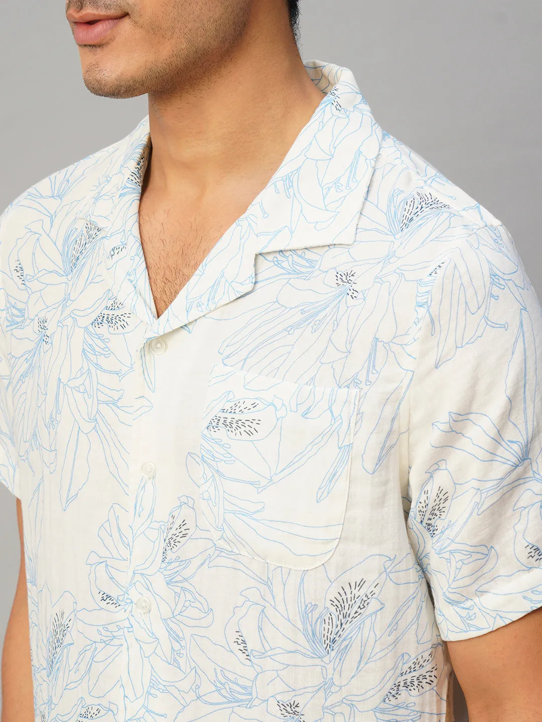 Men's Blue Cotton Loose Fit Printed Shirt