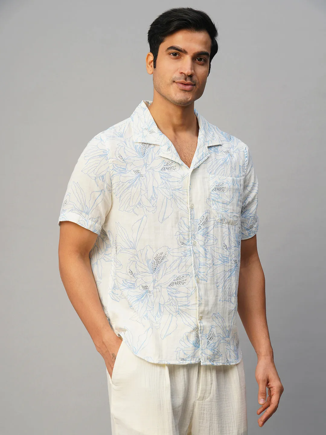 Men's Blue Cotton Loose Fit Printed Shirt