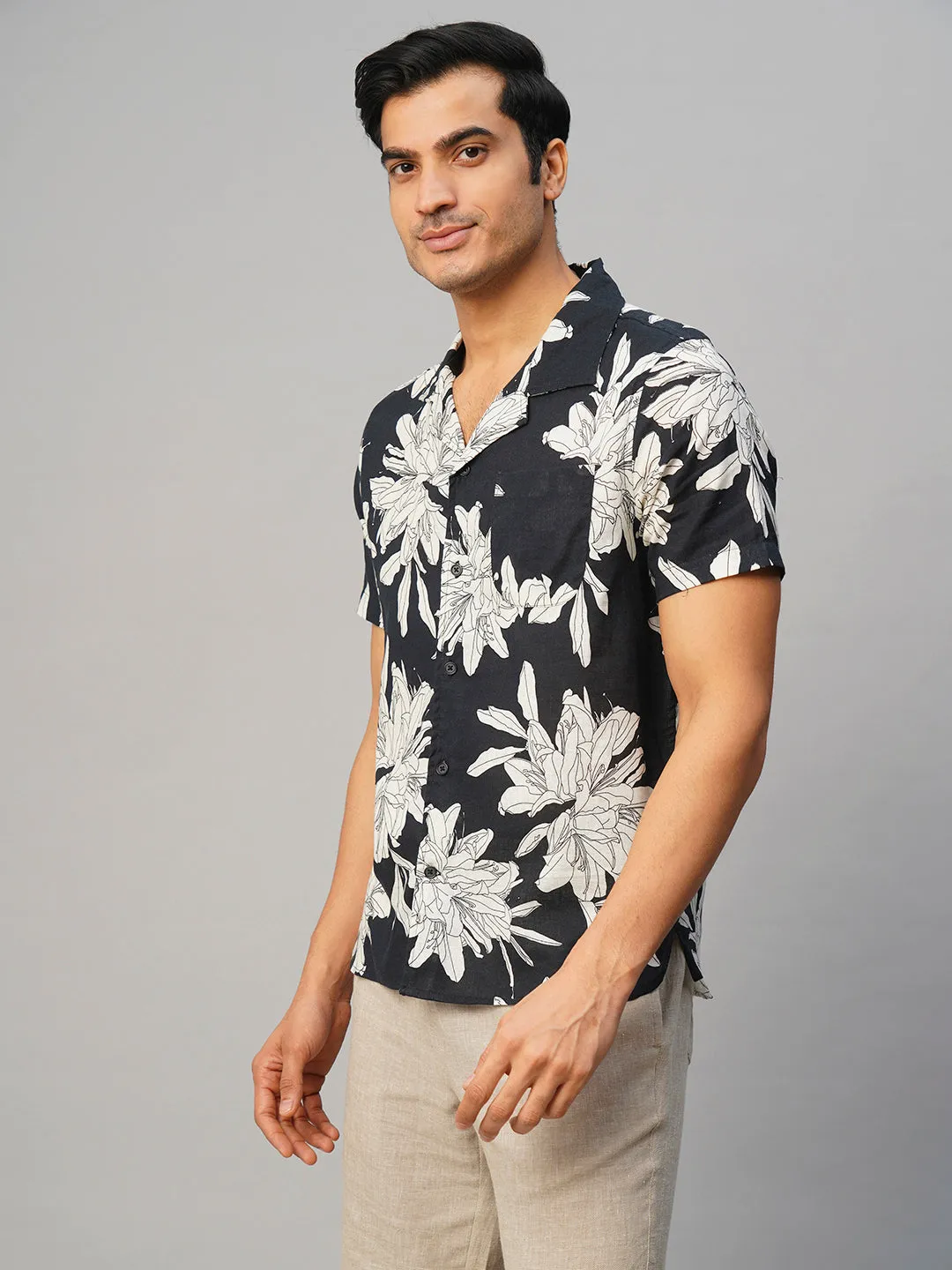 Men's Navy Cotton Flax Loose Fit Printed Shirt