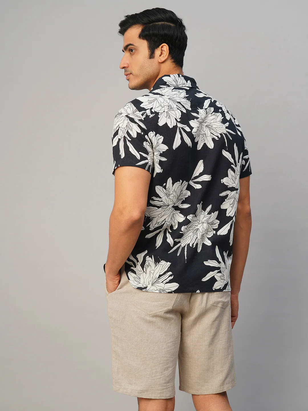 Men's Navy Cotton Flax Loose Fit Printed Shirt