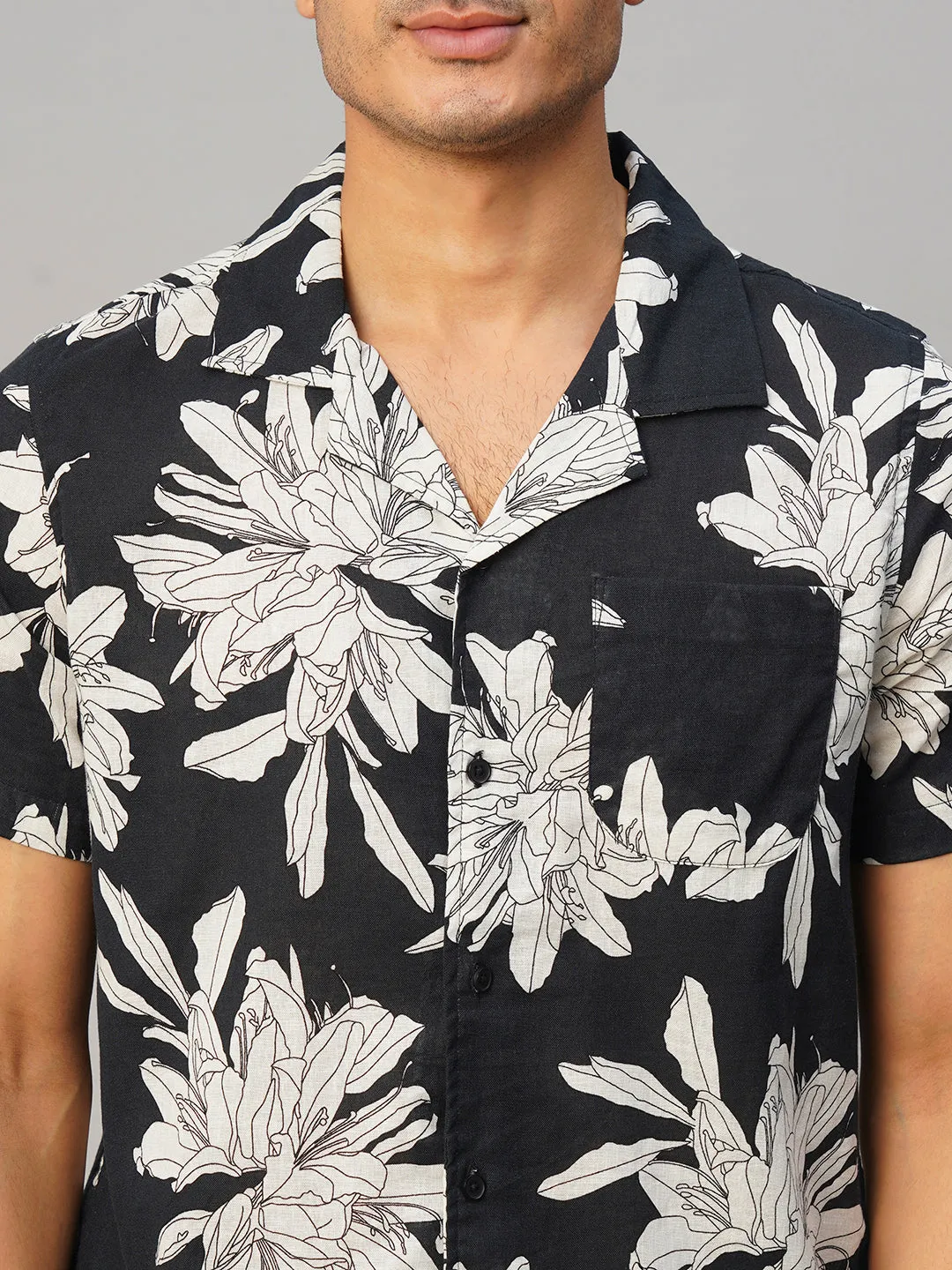 Men's Navy Cotton Flax Loose Fit Printed Shirt