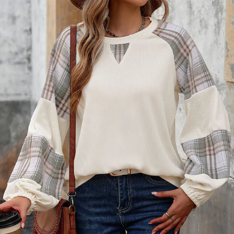 METAVERSMALL 2025 cross-level foreign trade plaid contrasting color splicing round neck pullover sweater loose casual versatile top