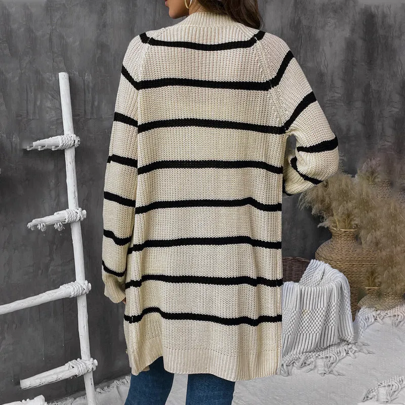 METAVERSMALL European, American autumn and winter striped loose cardigan sweater   women's casual versatile sweater top