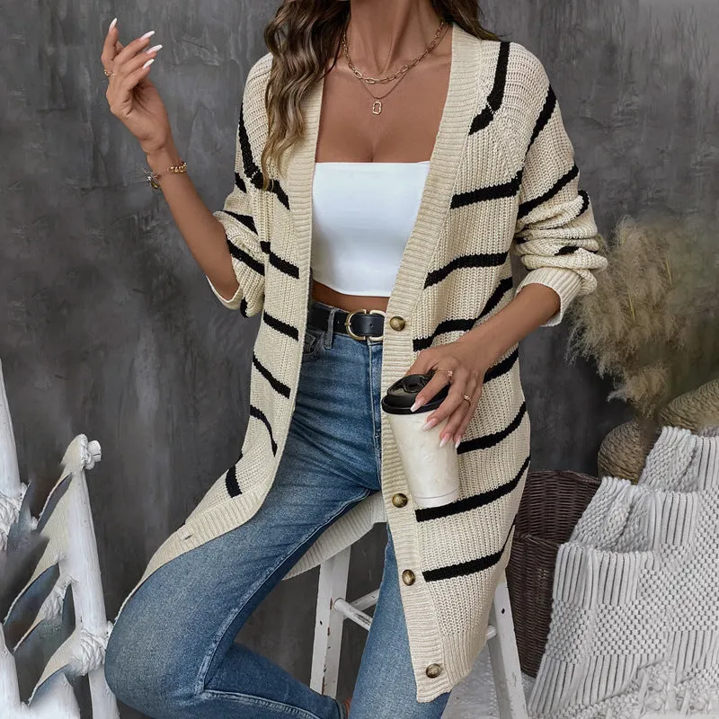 METAVERSMALL European, American autumn and winter striped loose cardigan sweater   women's casual versatile sweater top