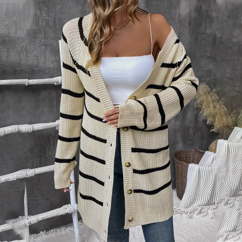 METAVERSMALL European, American autumn and winter striped loose cardigan sweater   women's casual versatile sweater top