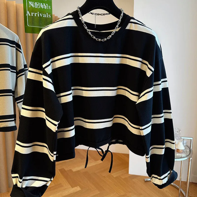 METAVERSMALL Korean striped short sweater women's autumn large size 150kg loose small design hem drawstring top