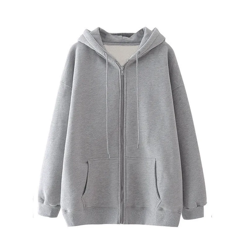 METAVERSMALL Korean version gray cardigan hooded sweater women's autumn loose and versatile winter velvet thickened zipper jacket women's clothes