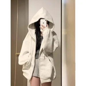 METAVERSMALL Korean version gray cardigan hooded sweater women's autumn loose and versatile winter velvet thickened zipper jacket women's clothes