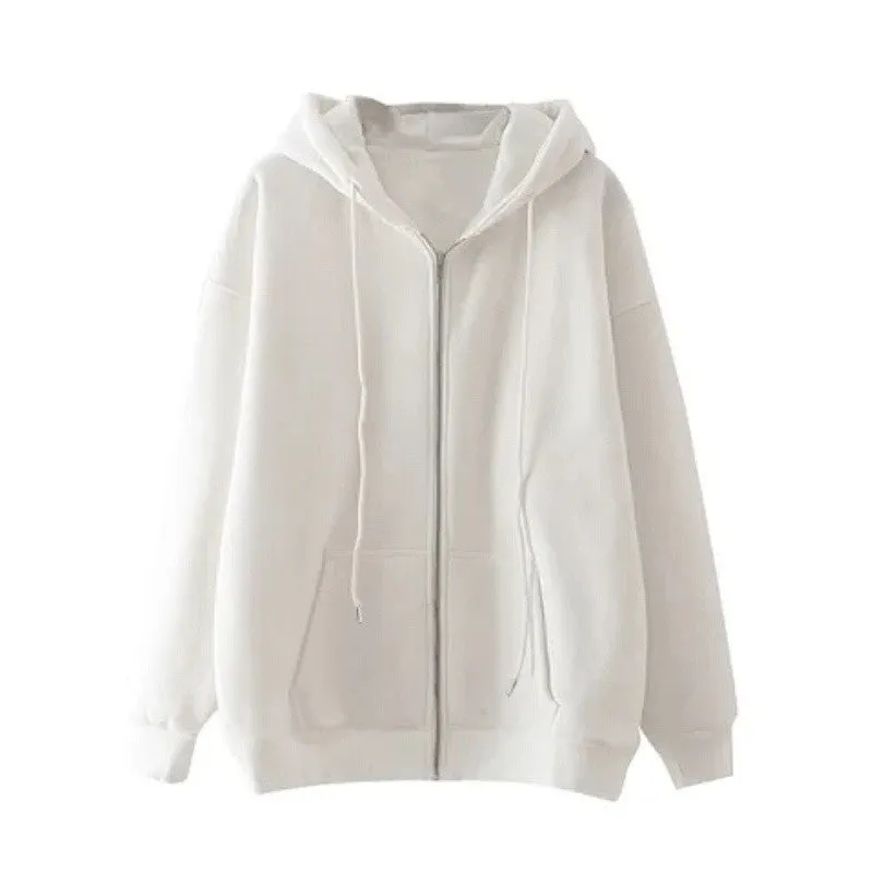 METAVERSMALL Korean version gray cardigan hooded sweater women's autumn loose and versatile winter velvet thickened zipper jacket women's clothes