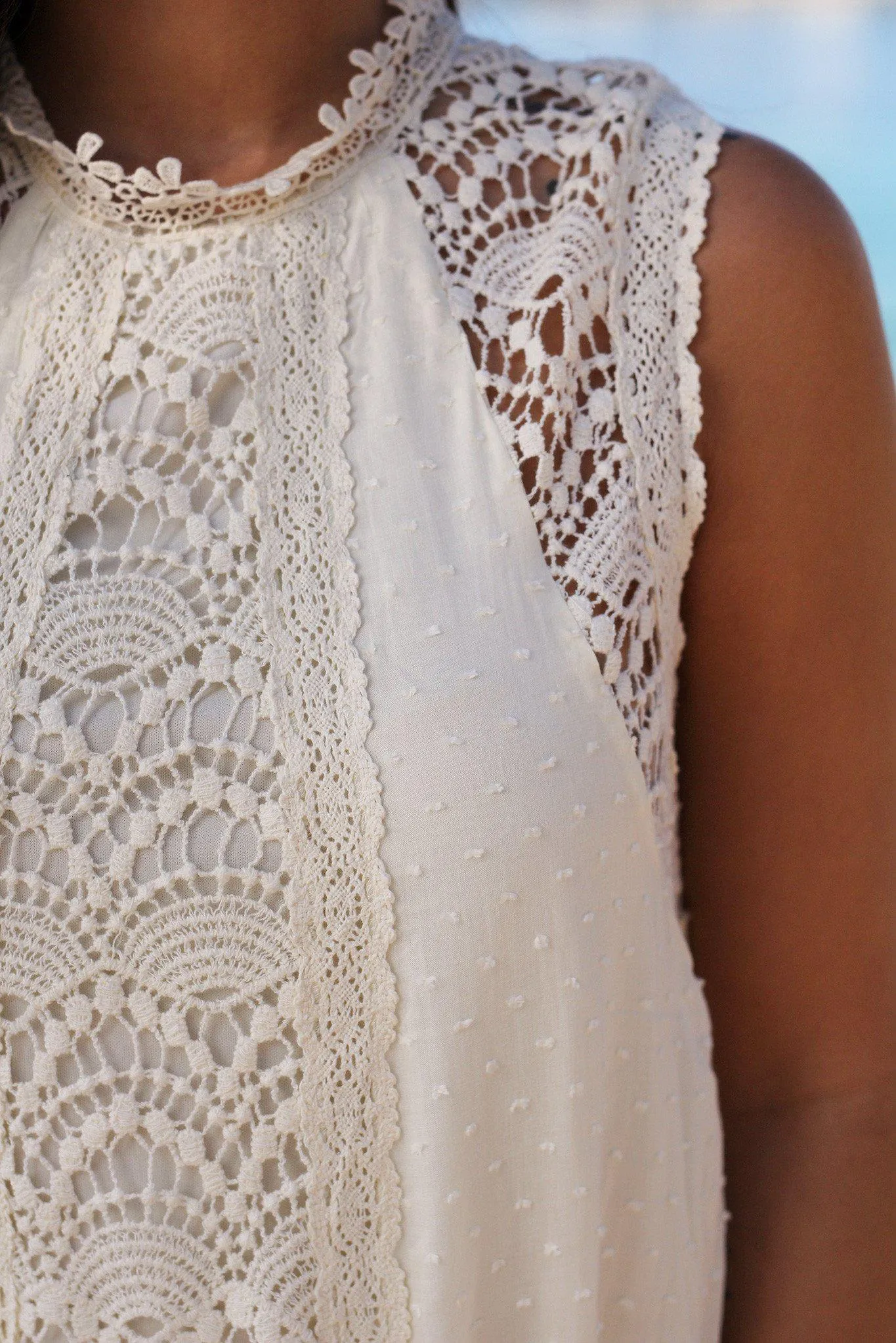 Natural Short Dress with Crochet Detail