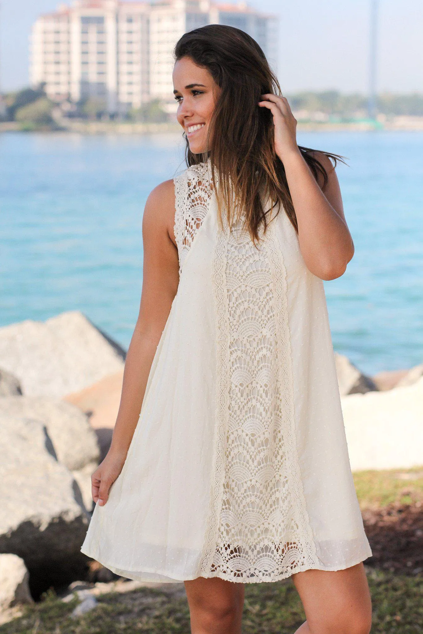 Natural Short Dress with Crochet Detail