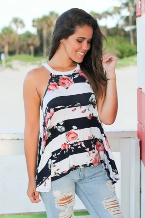 Navy and Ivory Floral Striped Top