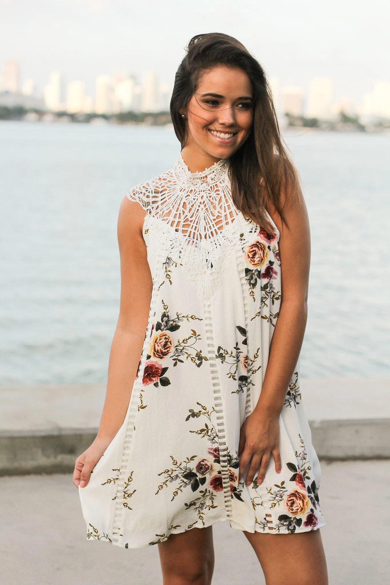 Off White Floral Crochet Short Dress