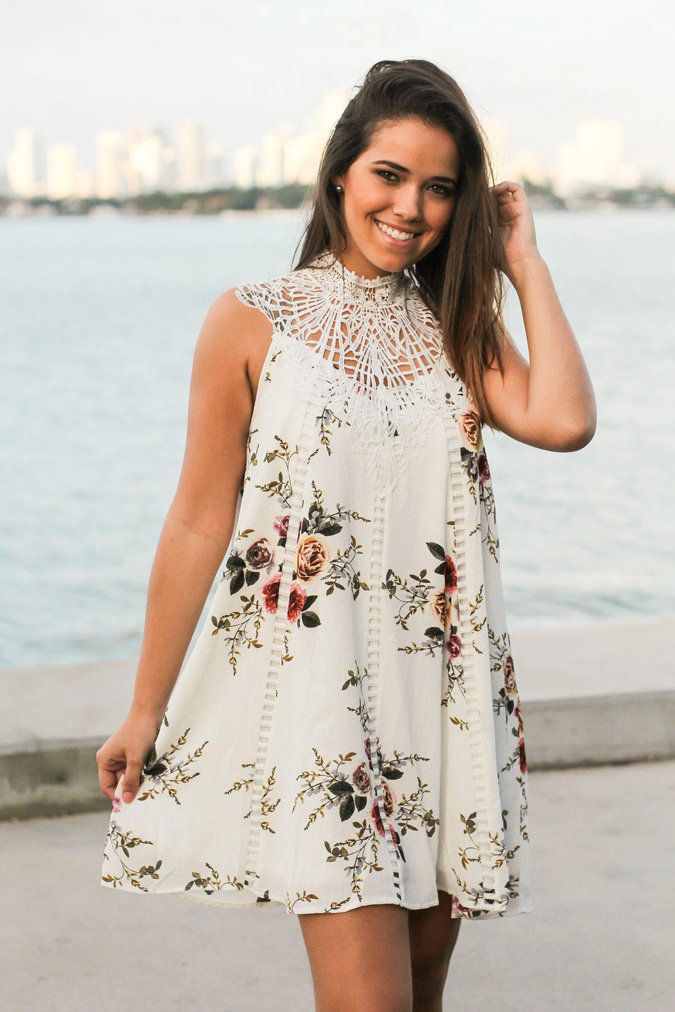 Off White Floral Crochet Short Dress