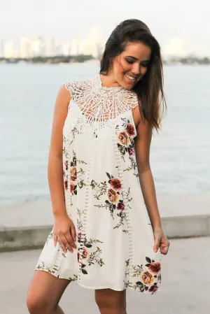 Off White Floral Crochet Short Dress