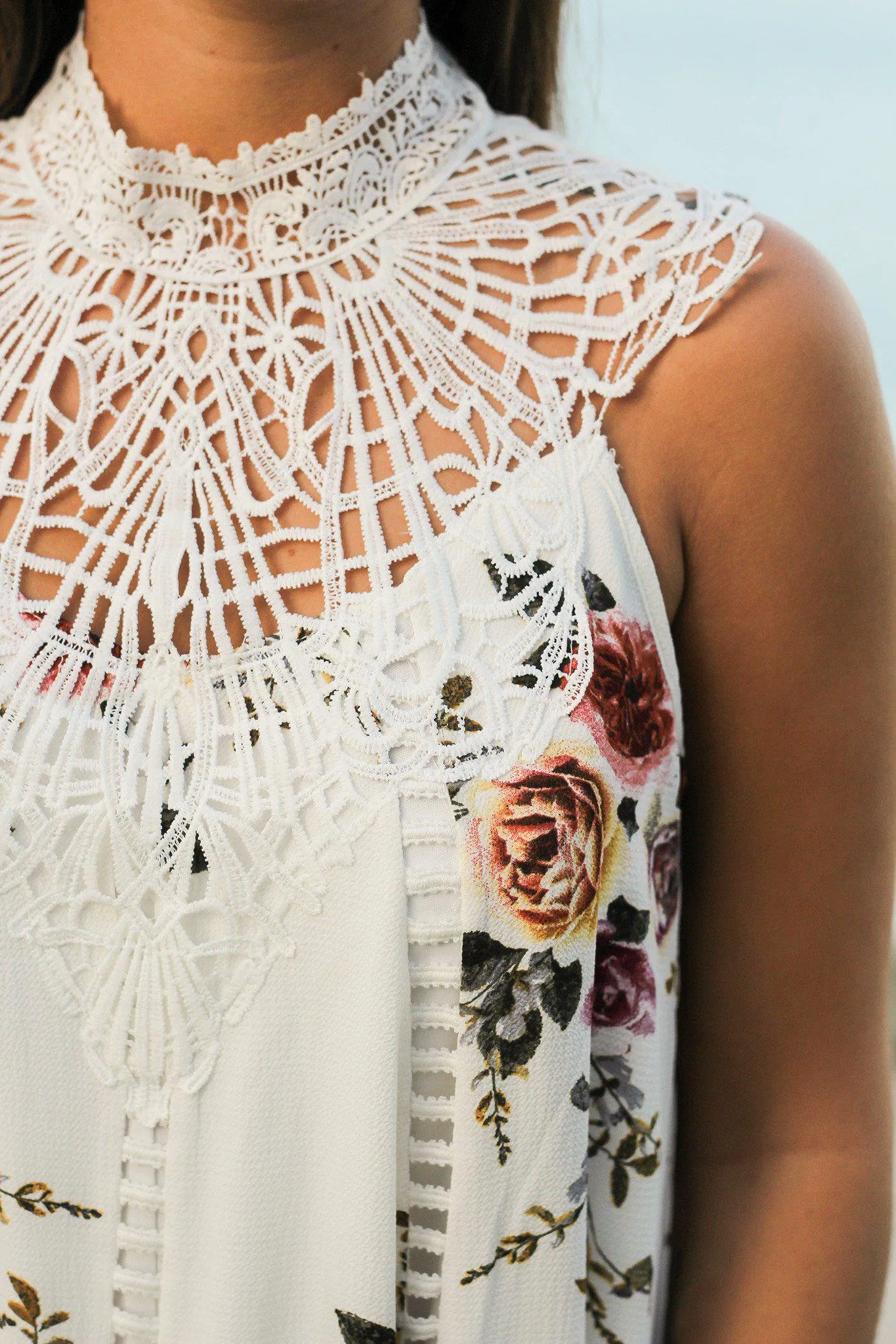 Off White Floral Crochet Short Dress