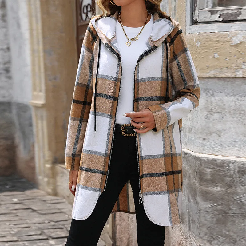 PEOPLETERRITORY   trade new retro classic plaid long coat loose casual hooded coat women