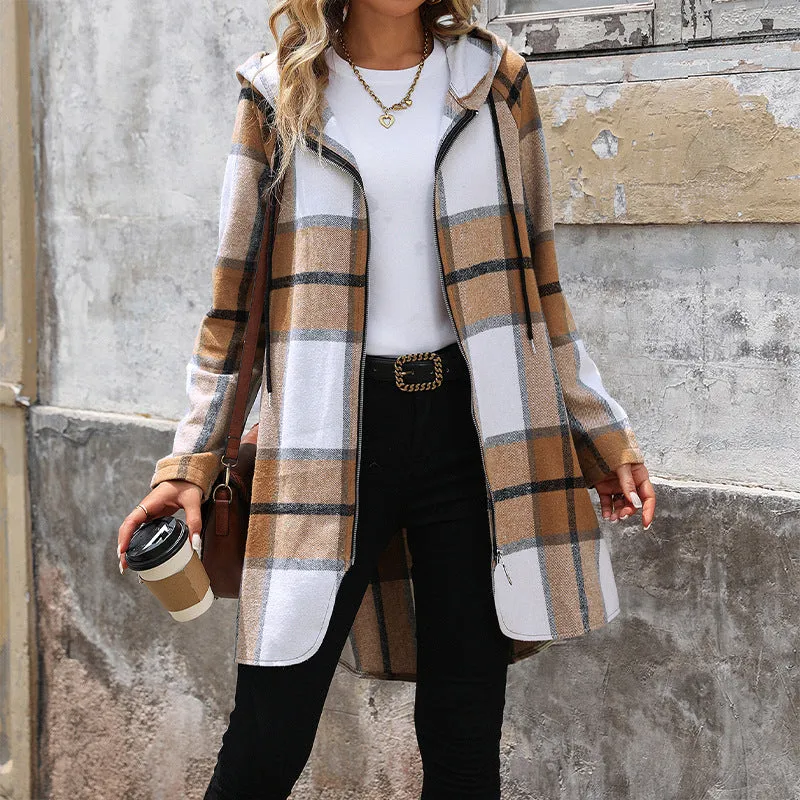 PEOPLETERRITORY   trade new retro classic plaid long coat loose casual hooded coat women