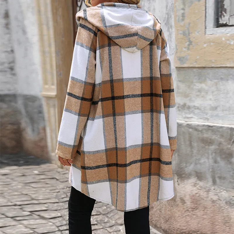 PEOPLETERRITORY   trade new retro classic plaid long coat loose casual hooded coat women