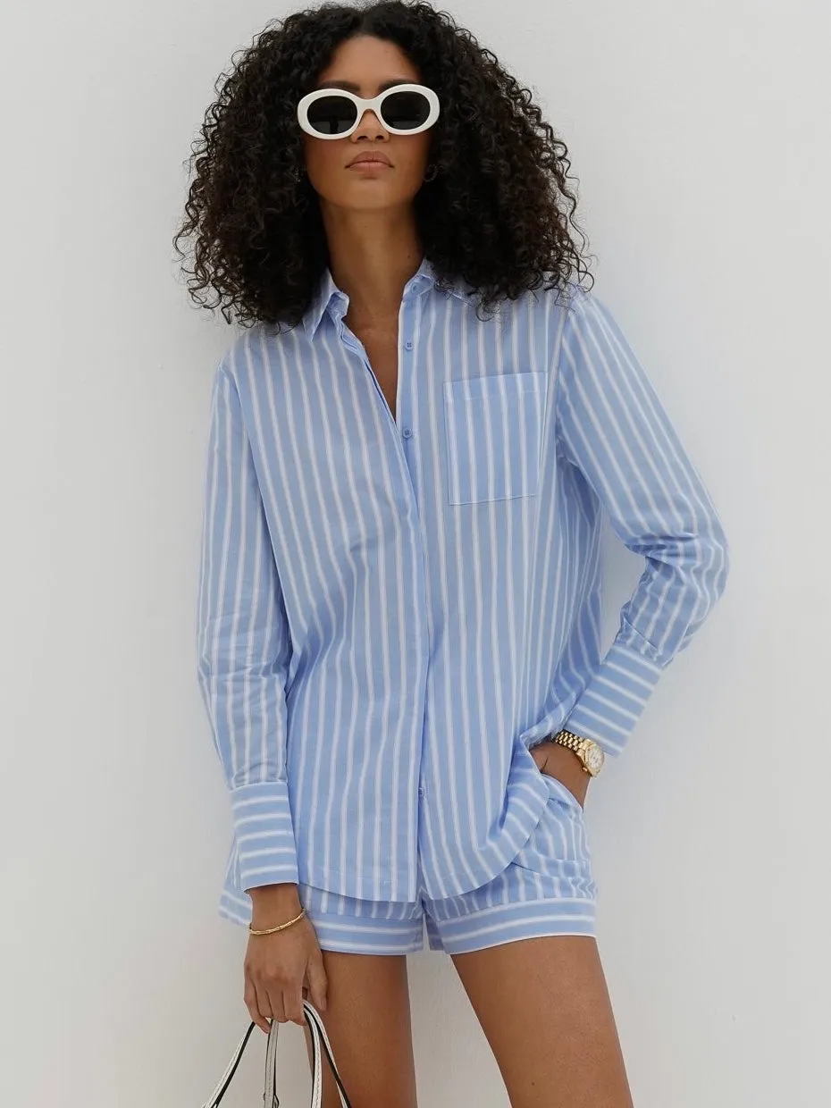 Portia Cotton Classic Stripe Shirt | Sky Blue