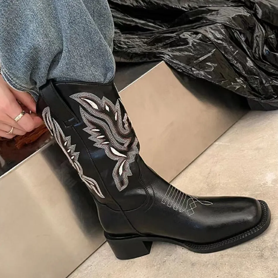 Retro Square Toe Western Cowboy Boots