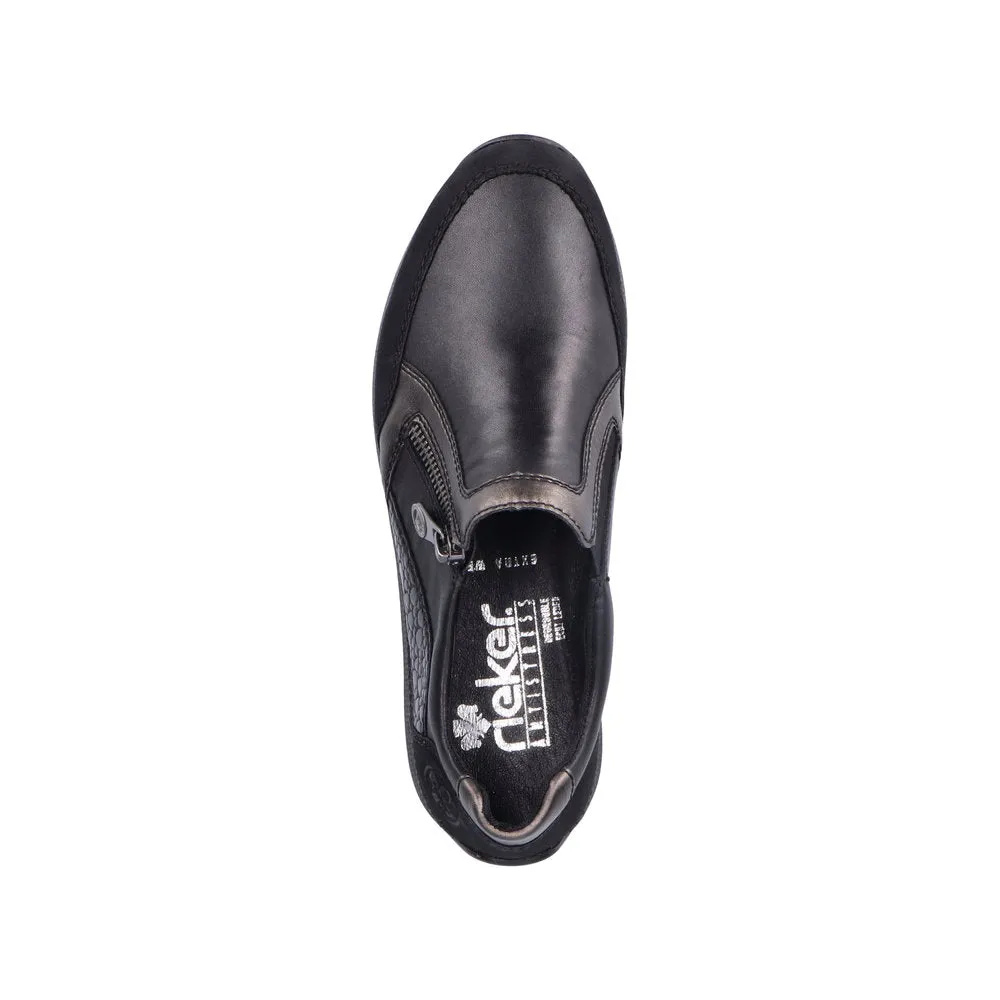 Rieker N1151-00 Ladies Black Leather & Textile Side Zip Shoes