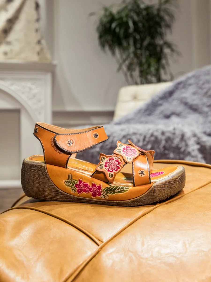 SOFFIA | Genuine Leather Yellow Ribbed-Sole Floral Embossed Flatform Sandals