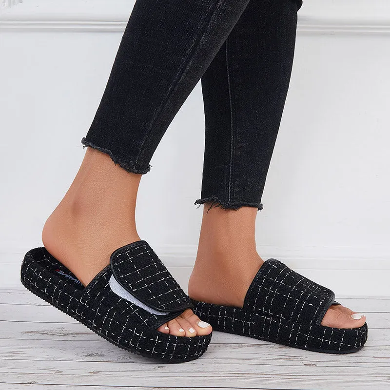 Sohiwoo Women Plaid Platform Slide Sandals Velcro Open Toe Thick Sole Slippers