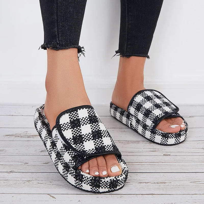 Sohiwoo Women Plaid Platform Slide Sandals Velcro Open Toe Thick Sole Slippers