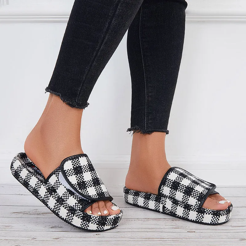 Sohiwoo Women Plaid Platform Slide Sandals Velcro Open Toe Thick Sole Slippers