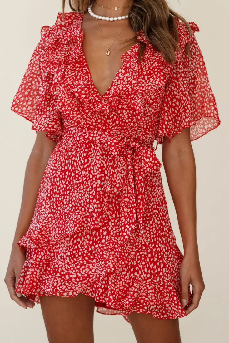 Sweet Talk Short Sleeve Ruffle Detail Dress Speckle Print Red