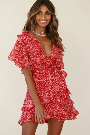 Sweet Talk Short Sleeve Ruffle Detail Dress Speckle Print Red