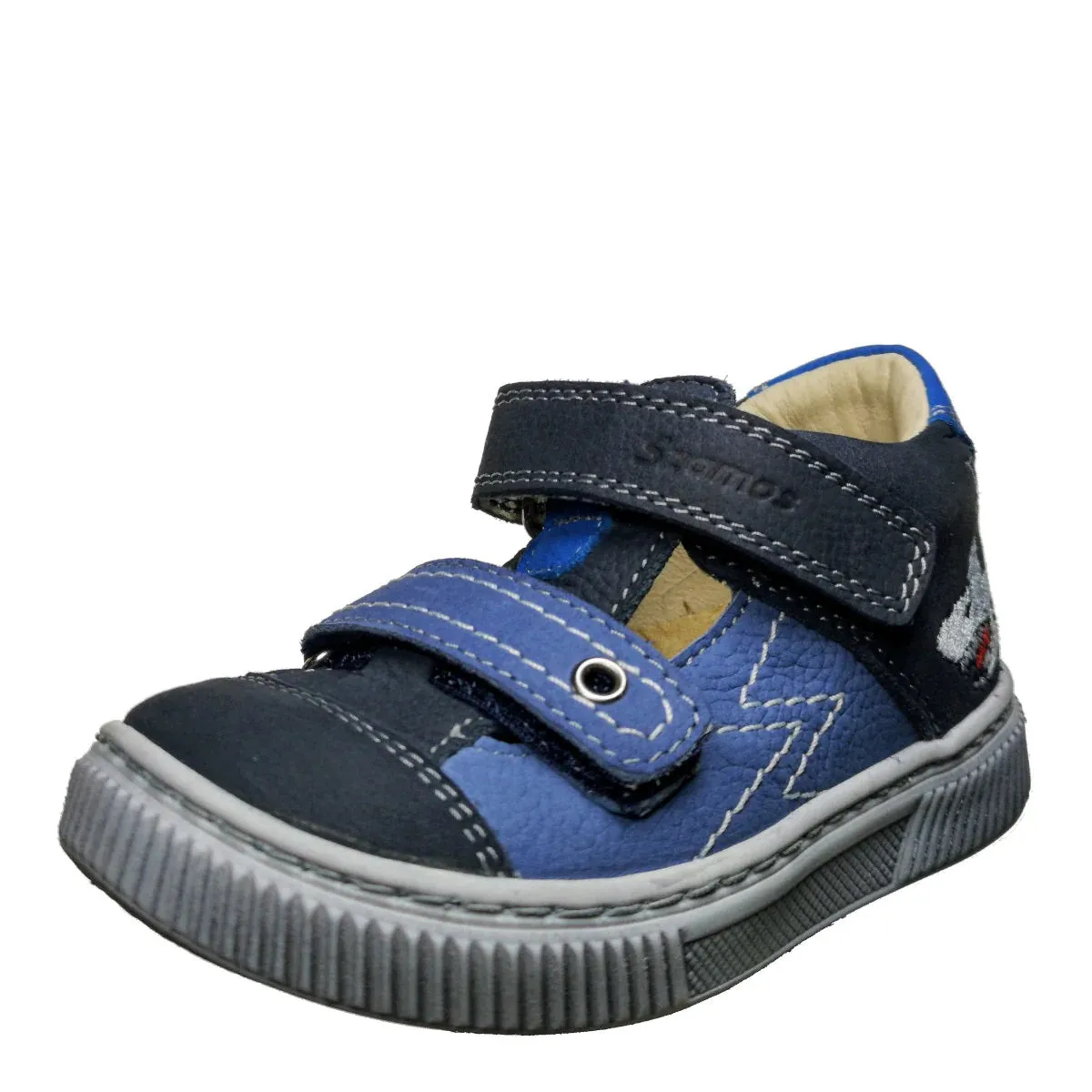 Szamos Kid Boy Sandals In Light And Dark Blue Color And Shark Pattern With Double Velcro Strap - Made In Europe