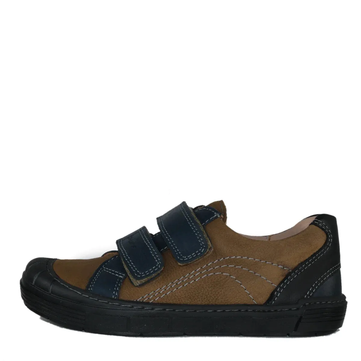 Szamos Kid Boy Sneakers In Dark Brown Color With Navy Blue Detail And Double Velcro Strap - Made In Europe