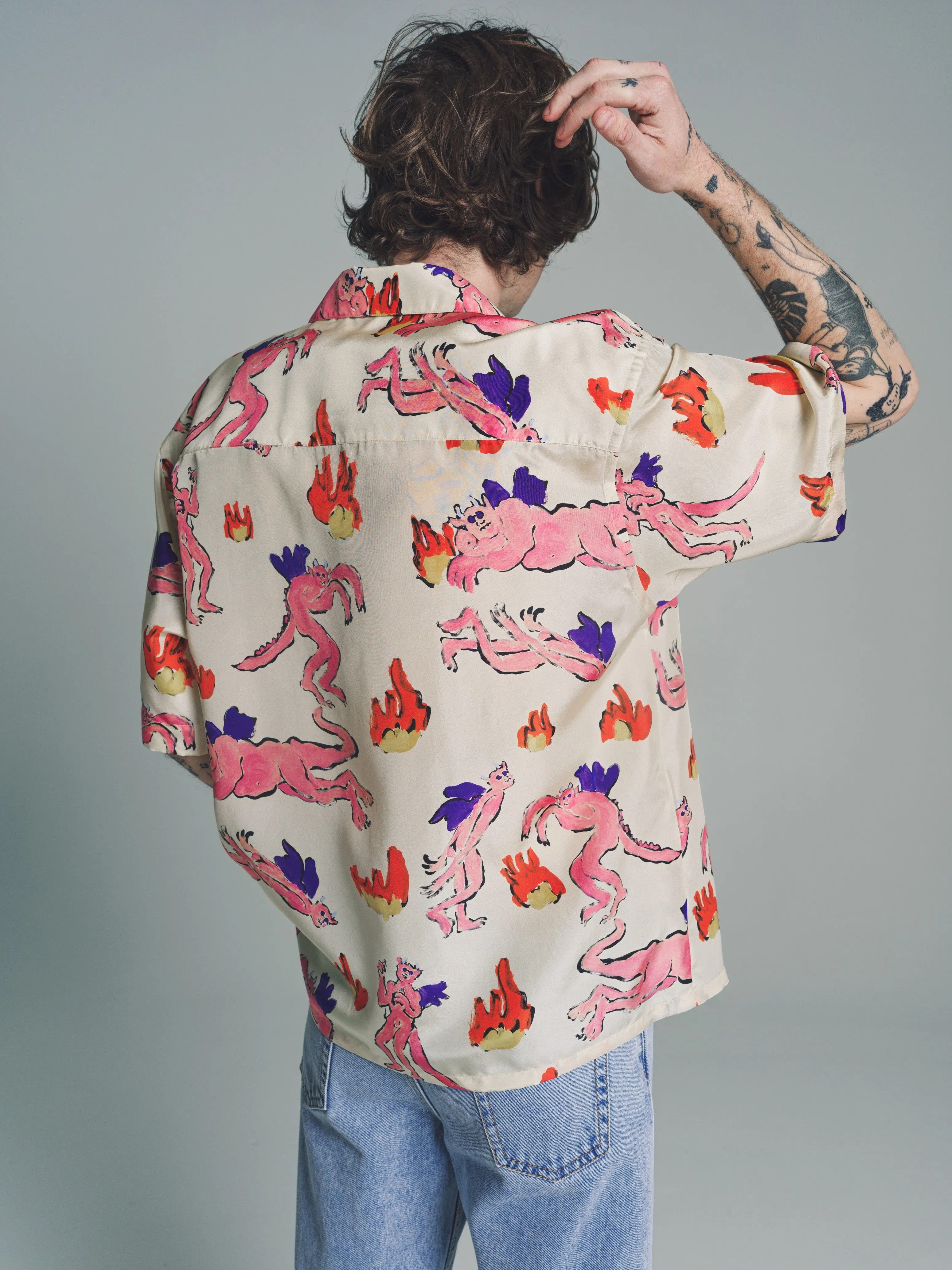 White Silk Bermuda Print Bowling Shirt