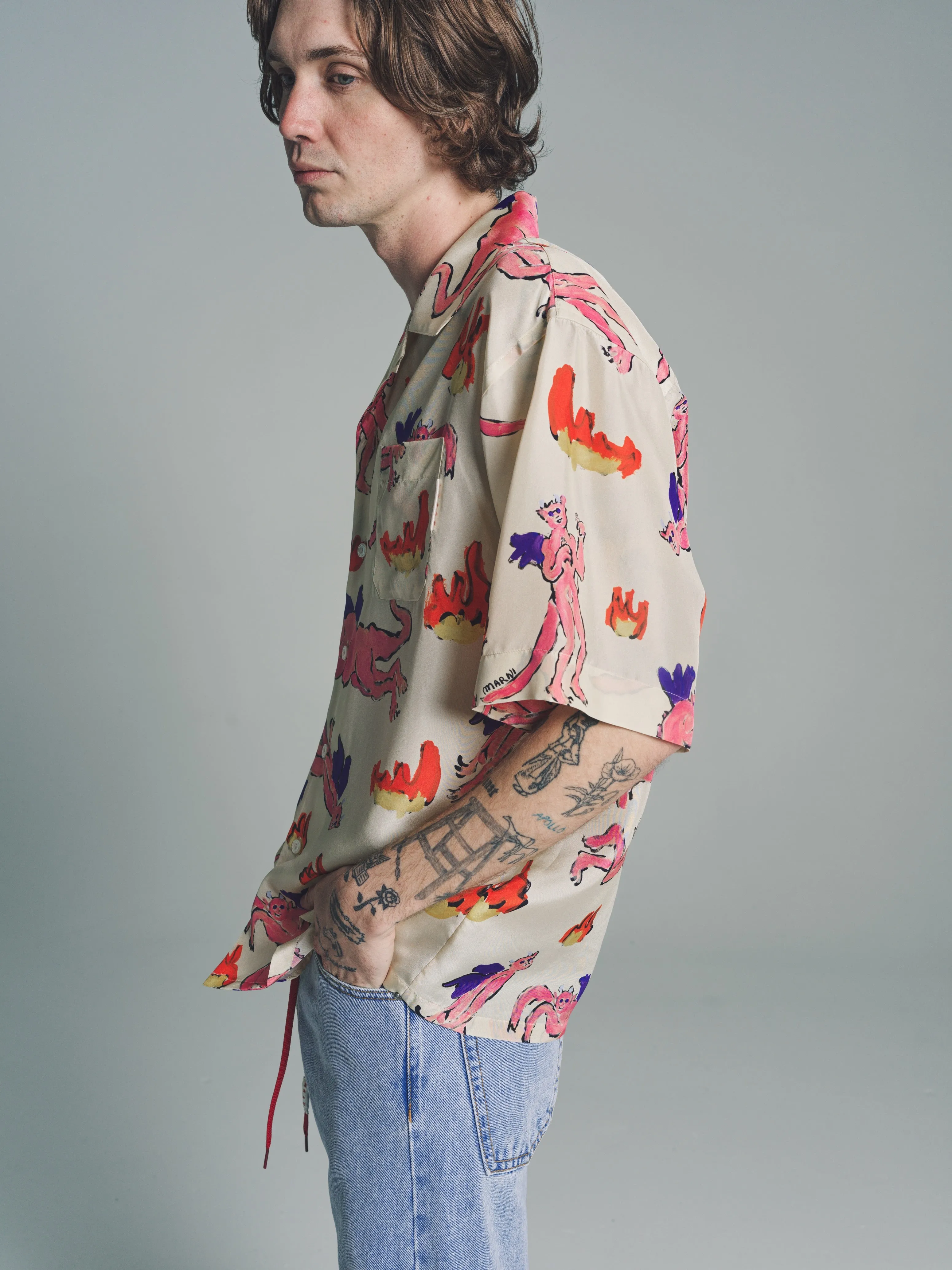 White Silk Bermuda Print Bowling Shirt