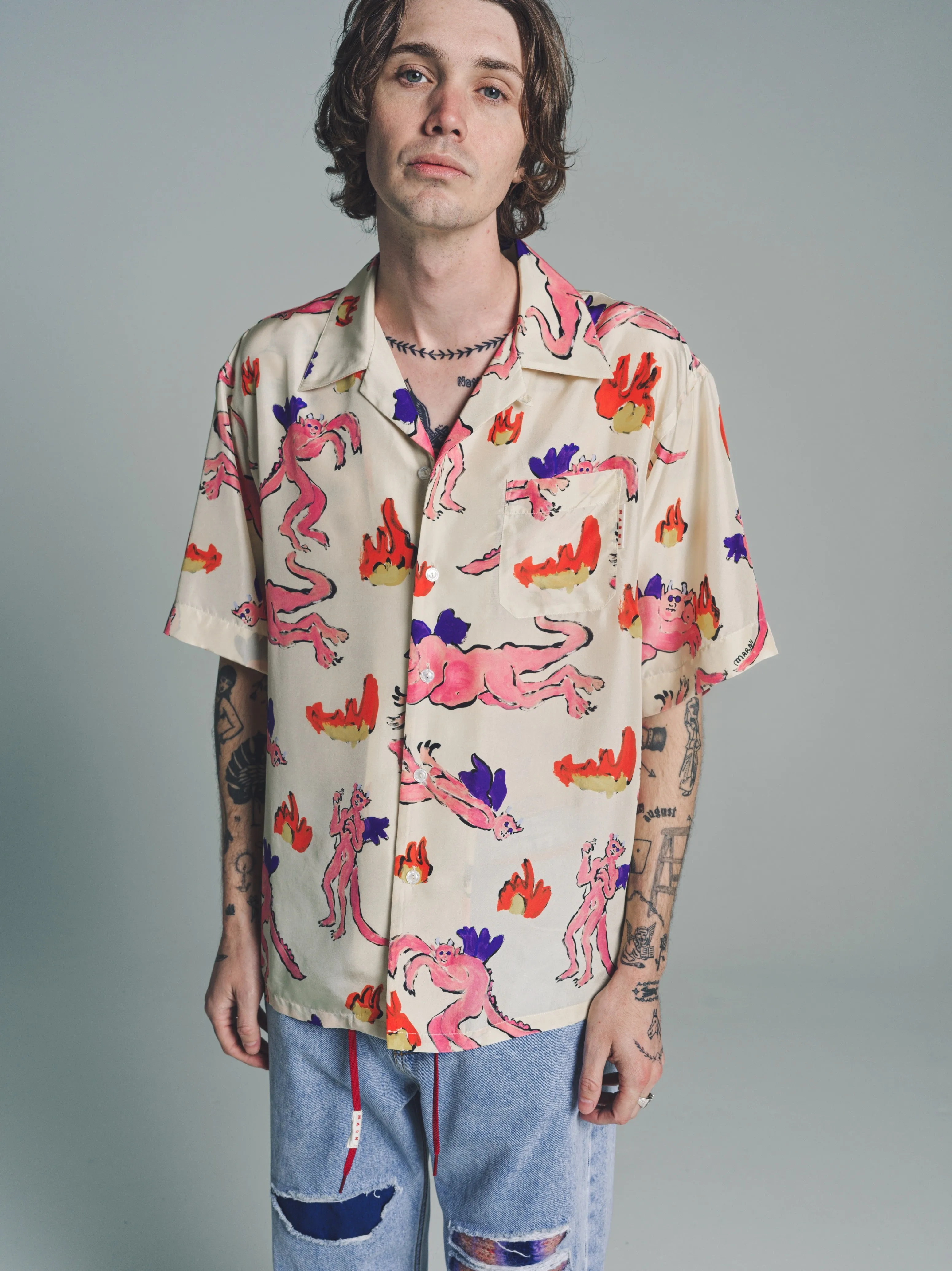 White Silk Bermuda Print Bowling Shirt