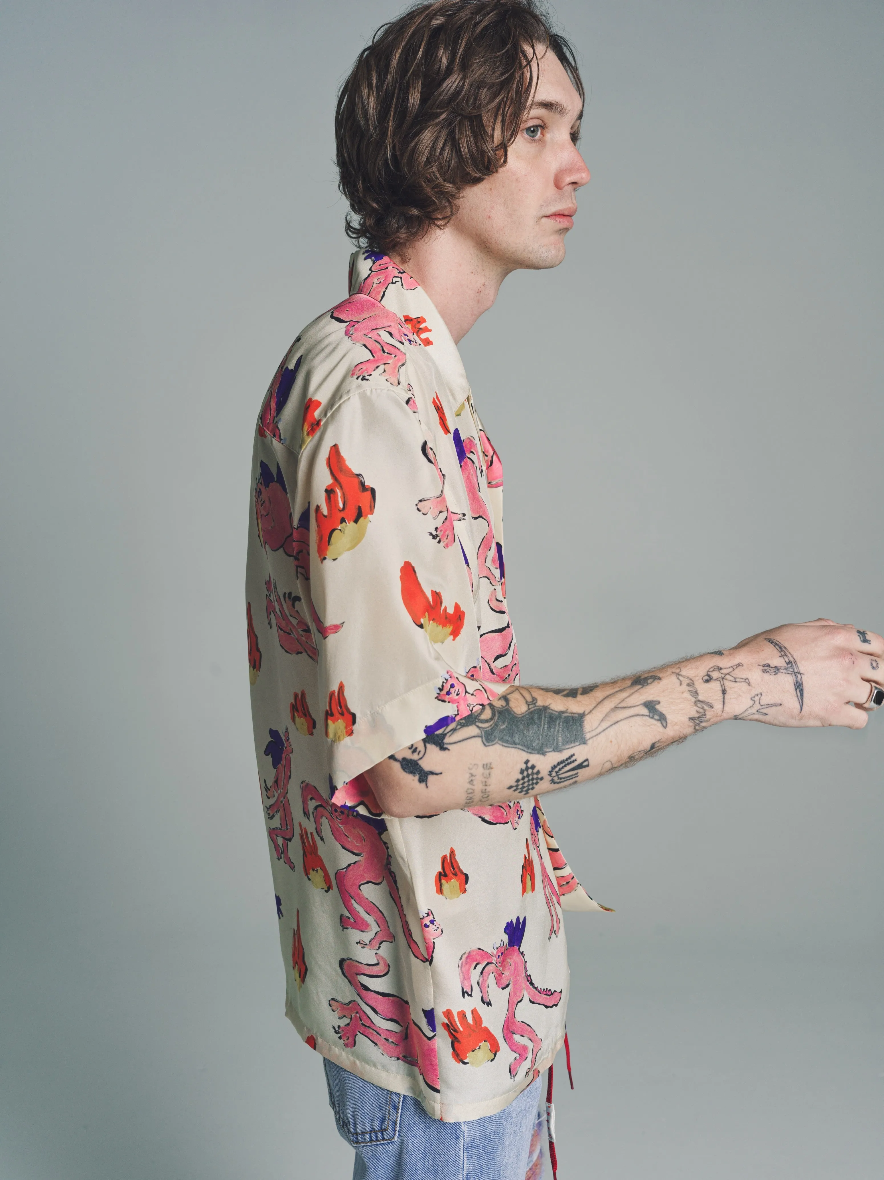 White Silk Bermuda Print Bowling Shirt