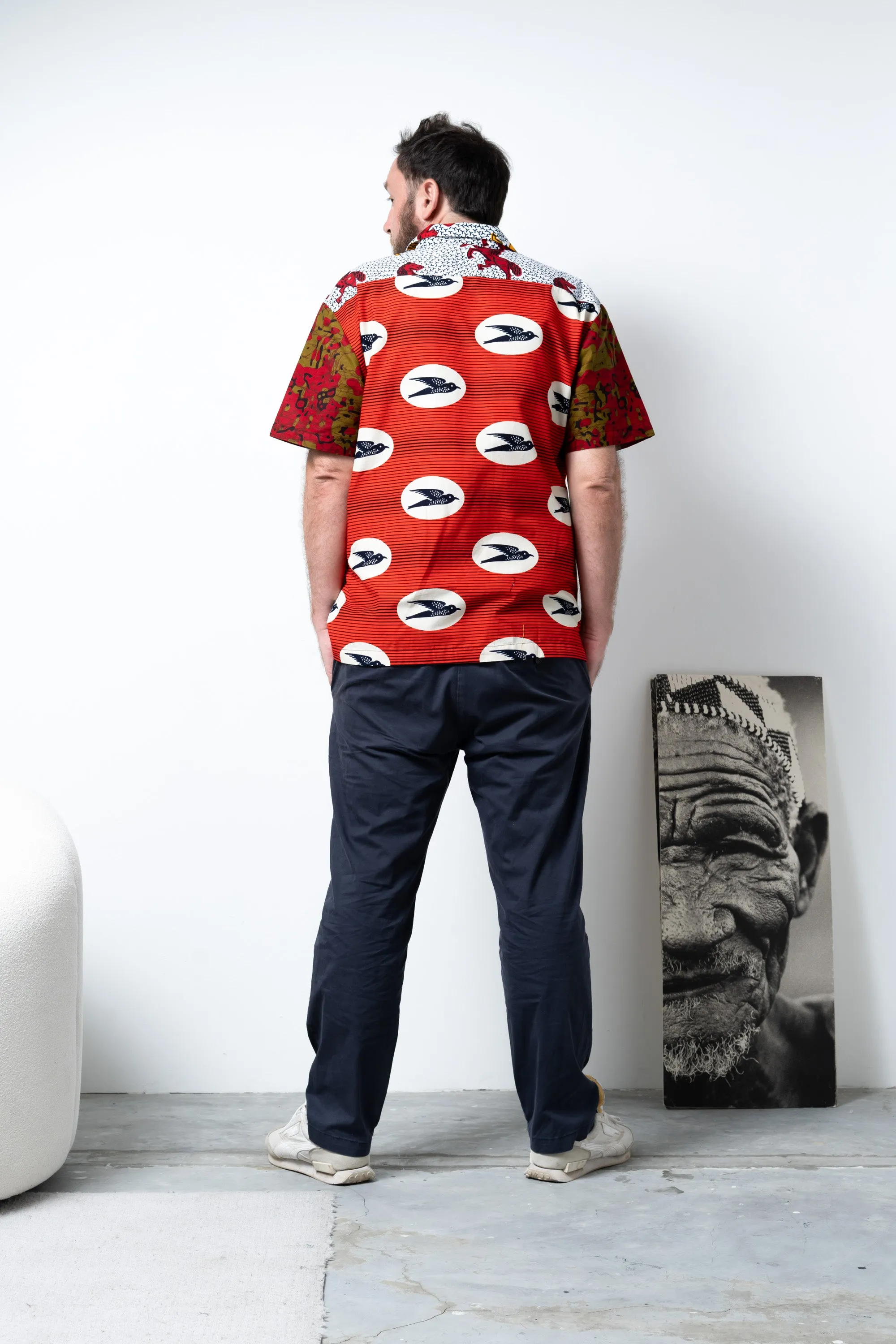 Zika Loose fit Bowling Collar Unisex Shirt - Mix Match Horses/Speedbird Red White and Yellow African Ankara Wax Cotton Print