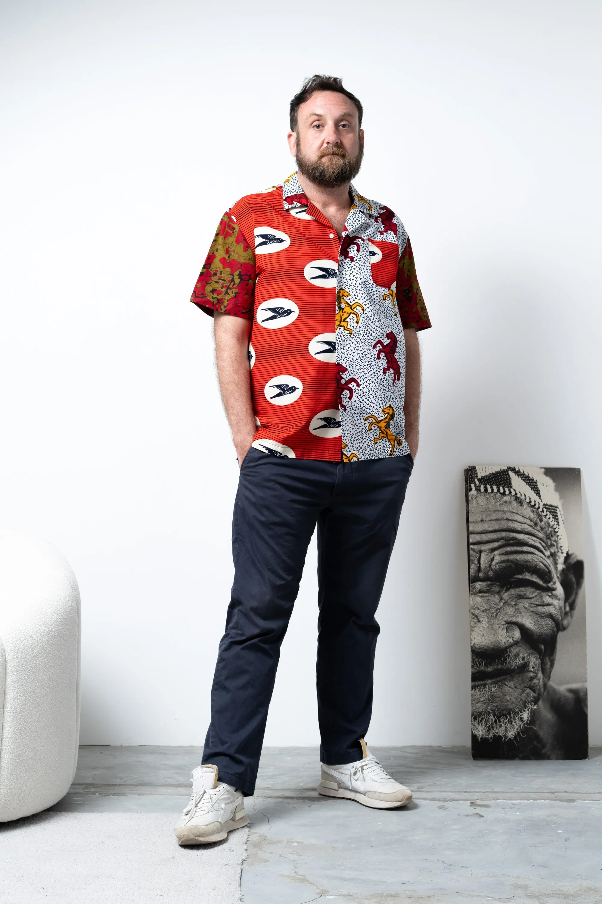 Zika Loose fit Bowling Collar Unisex Shirt - Mix Match Horses/Speedbird Red White and Yellow African Ankara Wax Cotton Print