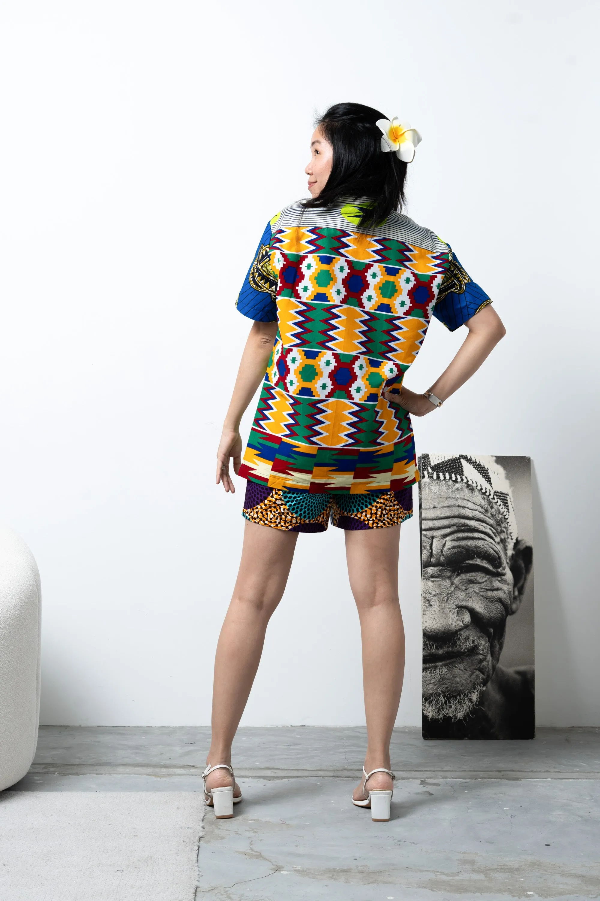 Zika Loose fit Bowling Collar Unisex Shirt - Mix Match Kente/Speedbird Green Red and Yellow African Ankara Wax Cotton Print