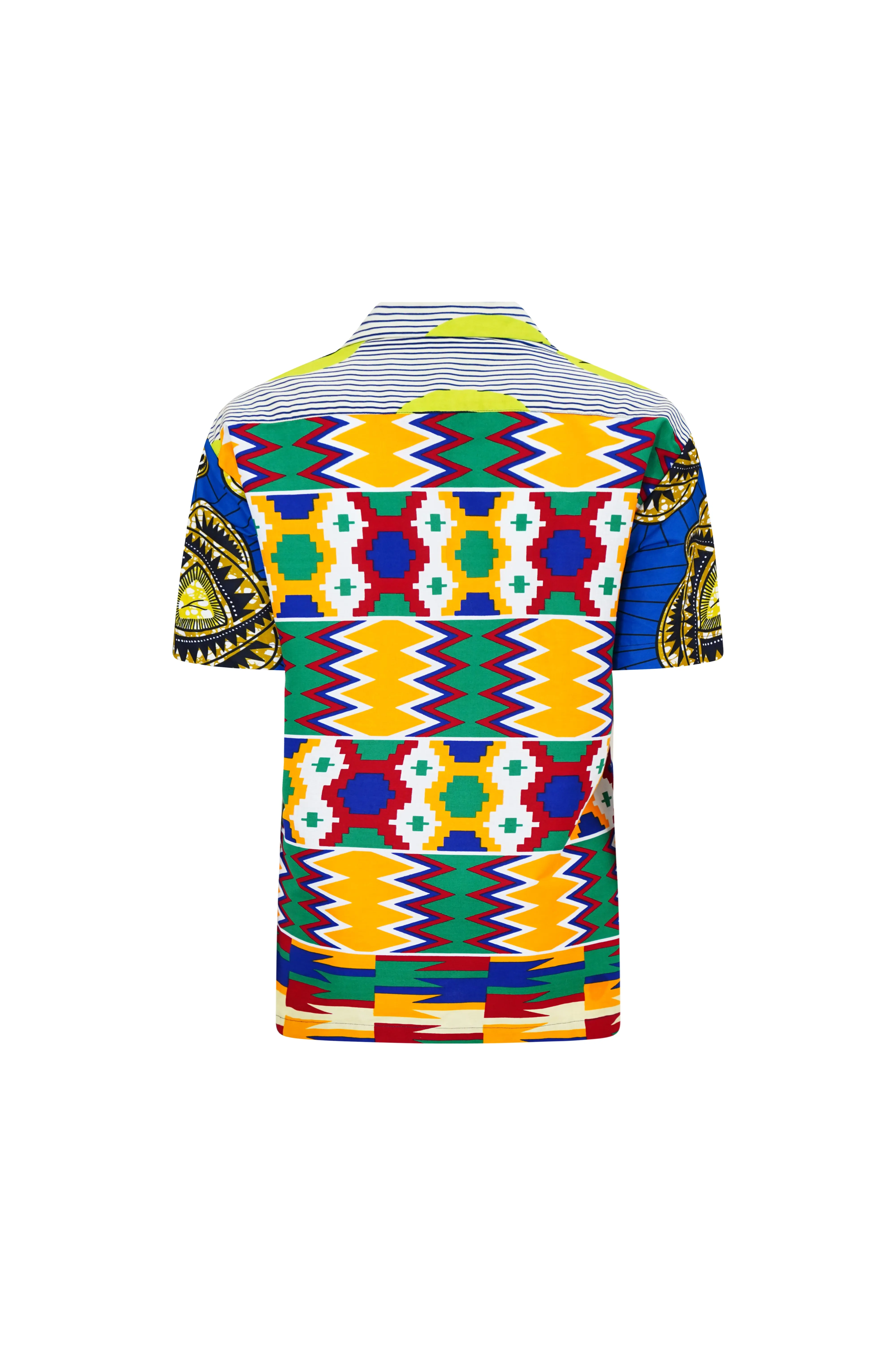 Zika Loose fit Bowling Collar Unisex Shirt - Mix Match Kente/Speedbird Green Red and Yellow African Ankara Wax Cotton Print