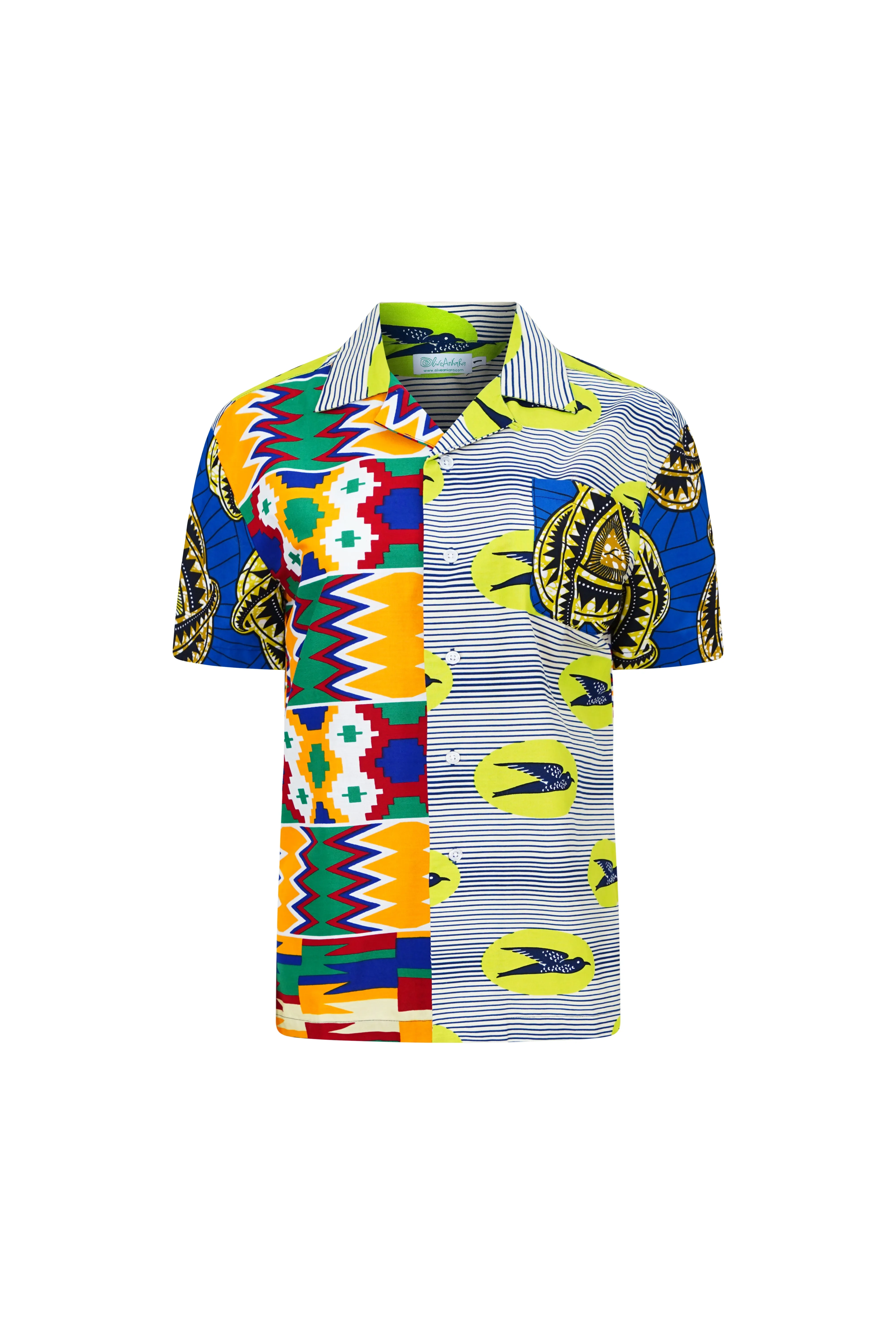 Zika Loose fit Bowling Collar Unisex Shirt - Mix Match Kente/Speedbird Green Red and Yellow African Ankara Wax Cotton Print