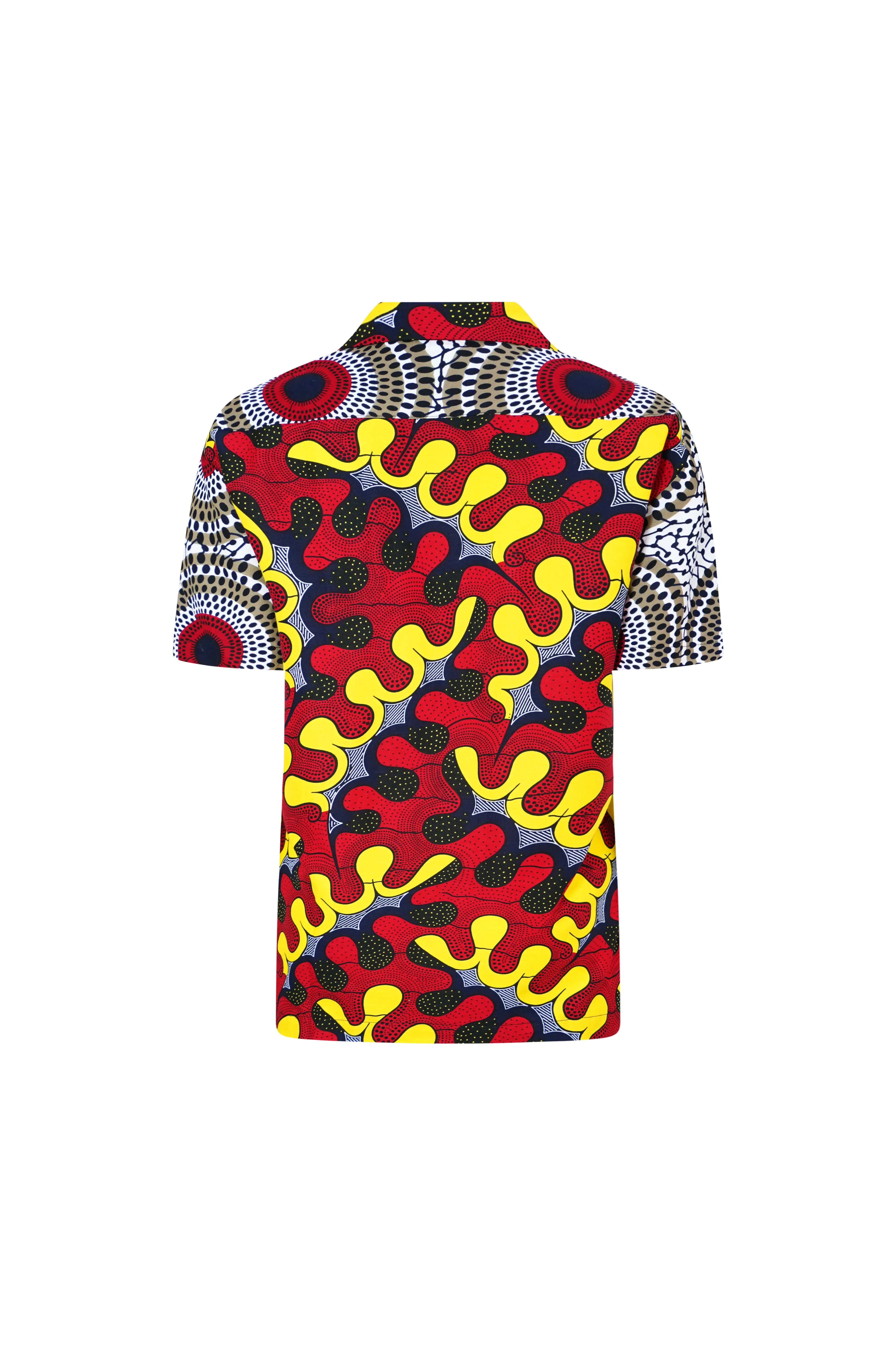 Zika Loose fit Bowling Collar Unisex Shirt - Mix Match Water Well Red and White African Ankara Wax Cotton Print